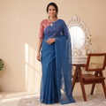 Blue Nazaakat Kota Doria Cotton Plain Saree with Blouse & Jewellery Set, draped and worn by a woman, AI visual of the saree, iTokri