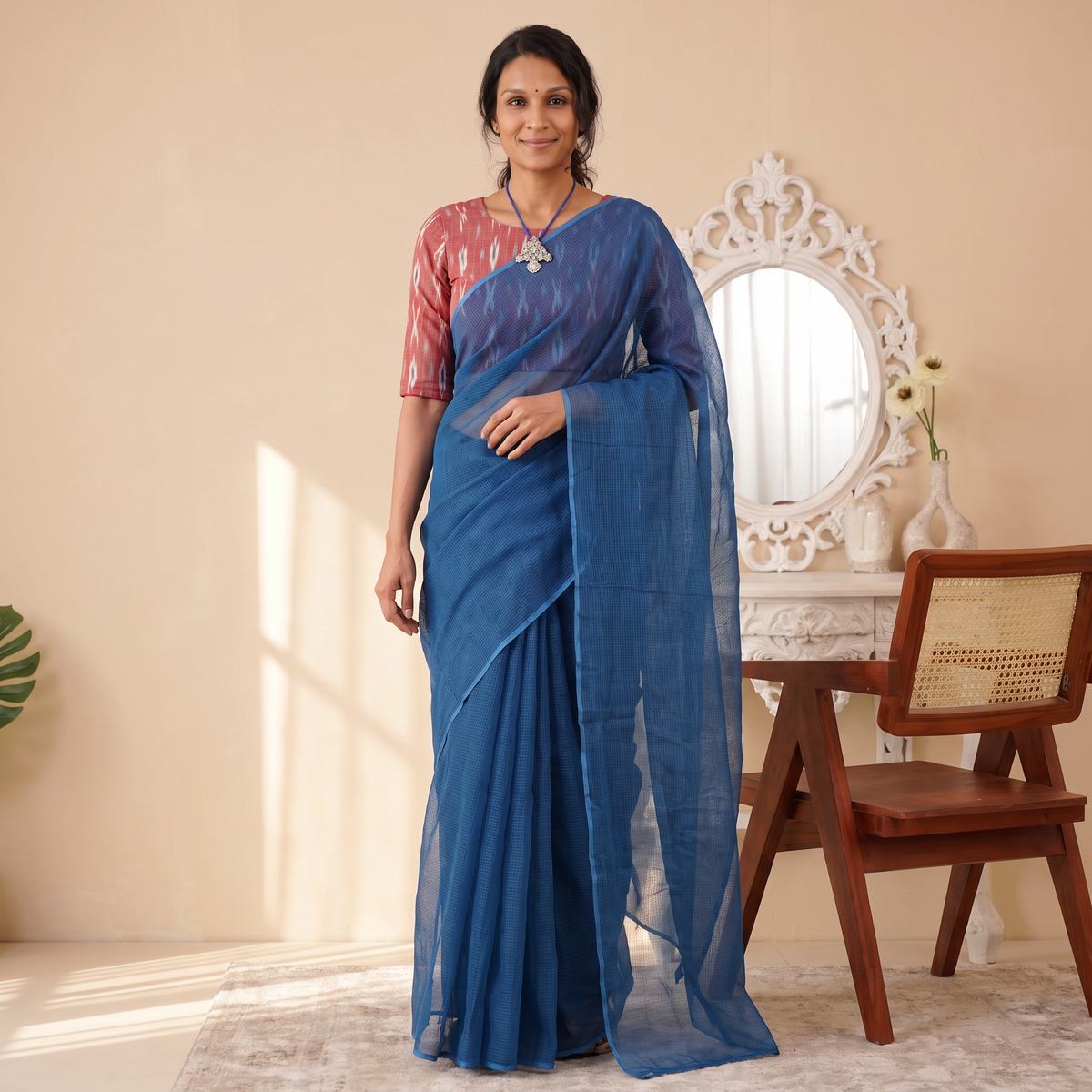 Blue Nazaakat Kota Doria Cotton Plain Saree with Blouse & Jewellery Set, draped and worn by a woman, AI visual of the saree, iTokri