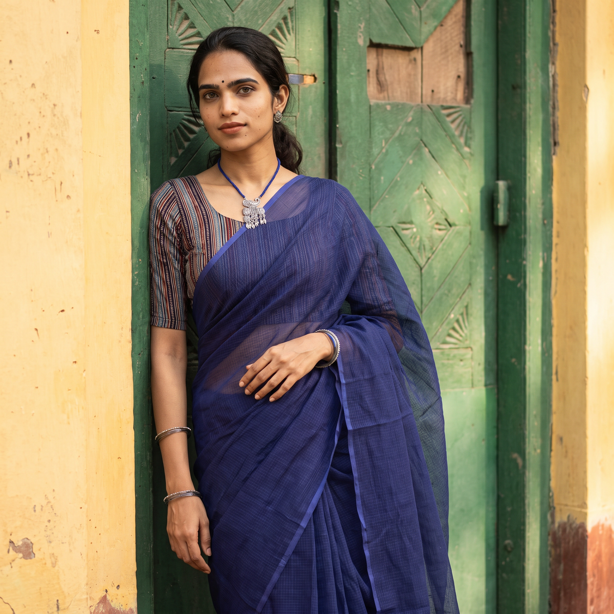 Blue Nazaakat Kota Doria Cotton Plain Saree with Blouse & Jewellery Set, draped and worn by a woman, AI visual of the saree, iTokri