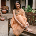 Peach Nazaakat Kota Doria Cotton Plain Saree with Blouse & Jewellery Set, draped and worn by a woman, AI visual of the saree, iTokri