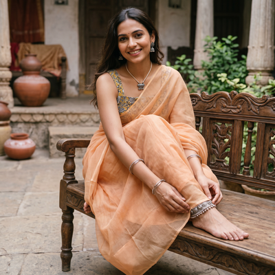 Peach Nazaakat Kota Doria Cotton Plain Saree with Blouse & Jewellery Set, draped and worn by a woman, AI visual of the saree, iTokri