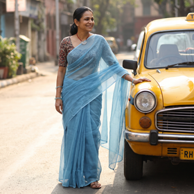 Blue Nazaakat Kota Doria Cotton Plain Saree with Blouse & Jewellery Set, draped and worn by a woman, AI visual of the saree, iTokri