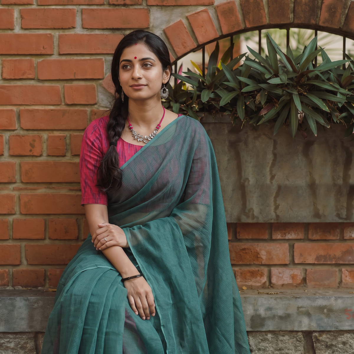 Green Nazaakat Kota Doria Cotton Plain Saree with Blouse & Jewellery Set, draped and worn by a woman, AI visual of the saree, iTokri