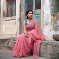 Pink Nazaakat Kota Doria Cotton Plain Saree with Blouse & Jewellery Set, draped and worn by a woman, AI visual of the saree, iTokri