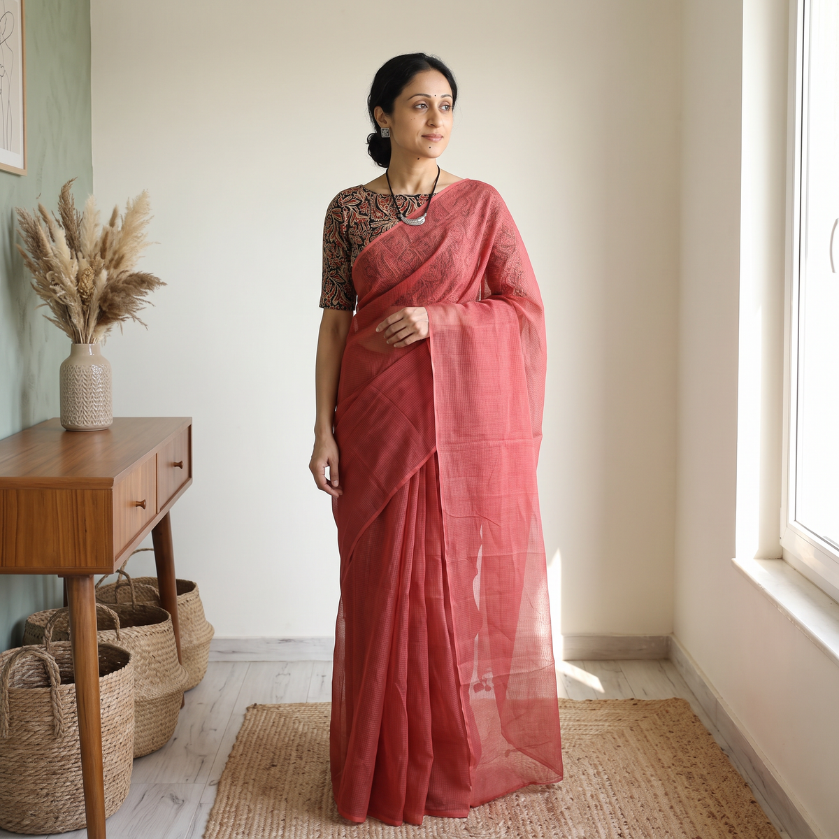 Red Nazaakat Kota Doria Cotton Plain Saree with Blouse & Jewellery Set, draped and worn by a woman, AI visual of the saree, iTokri