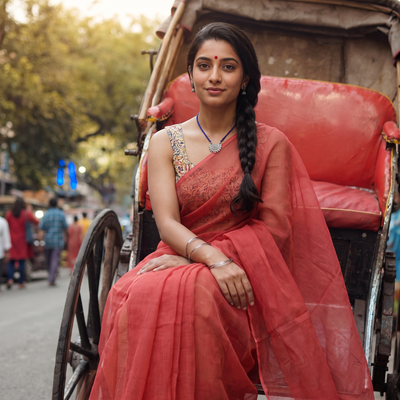 Red Nazaakat Kota Doria Cotton Plain Saree with Blouse & Jewellery Set, draped and worn by a woman, AI visual of the saree, iTokri