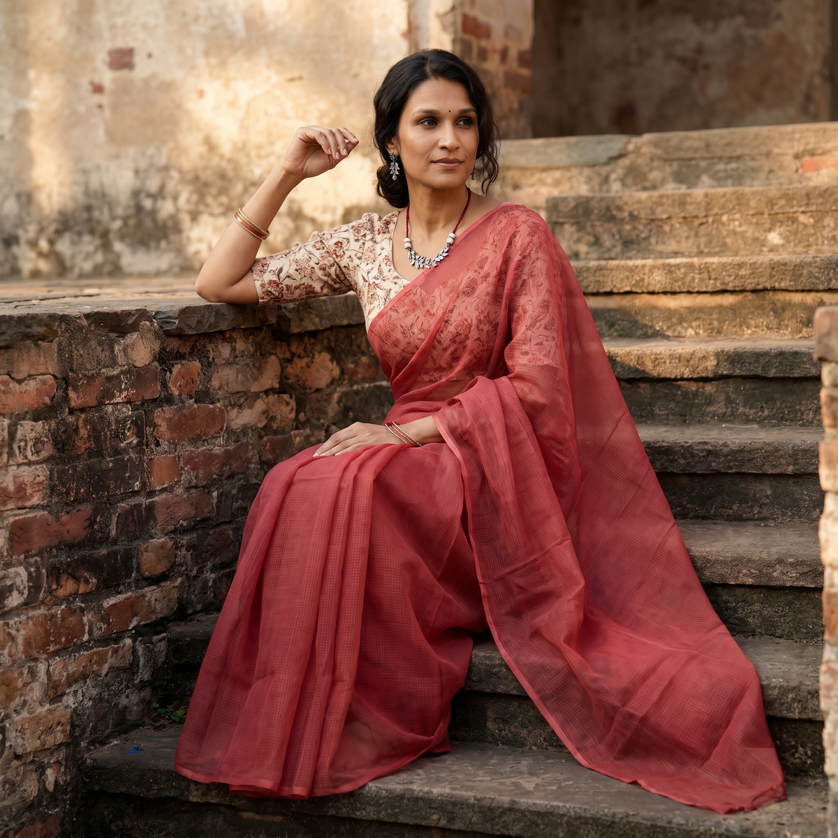 Red Nazaakat Kota Doria Cotton Plain Saree with Blouse & Jewellery Set, draped and worn by a woman, AI visual of the saree, iTokri