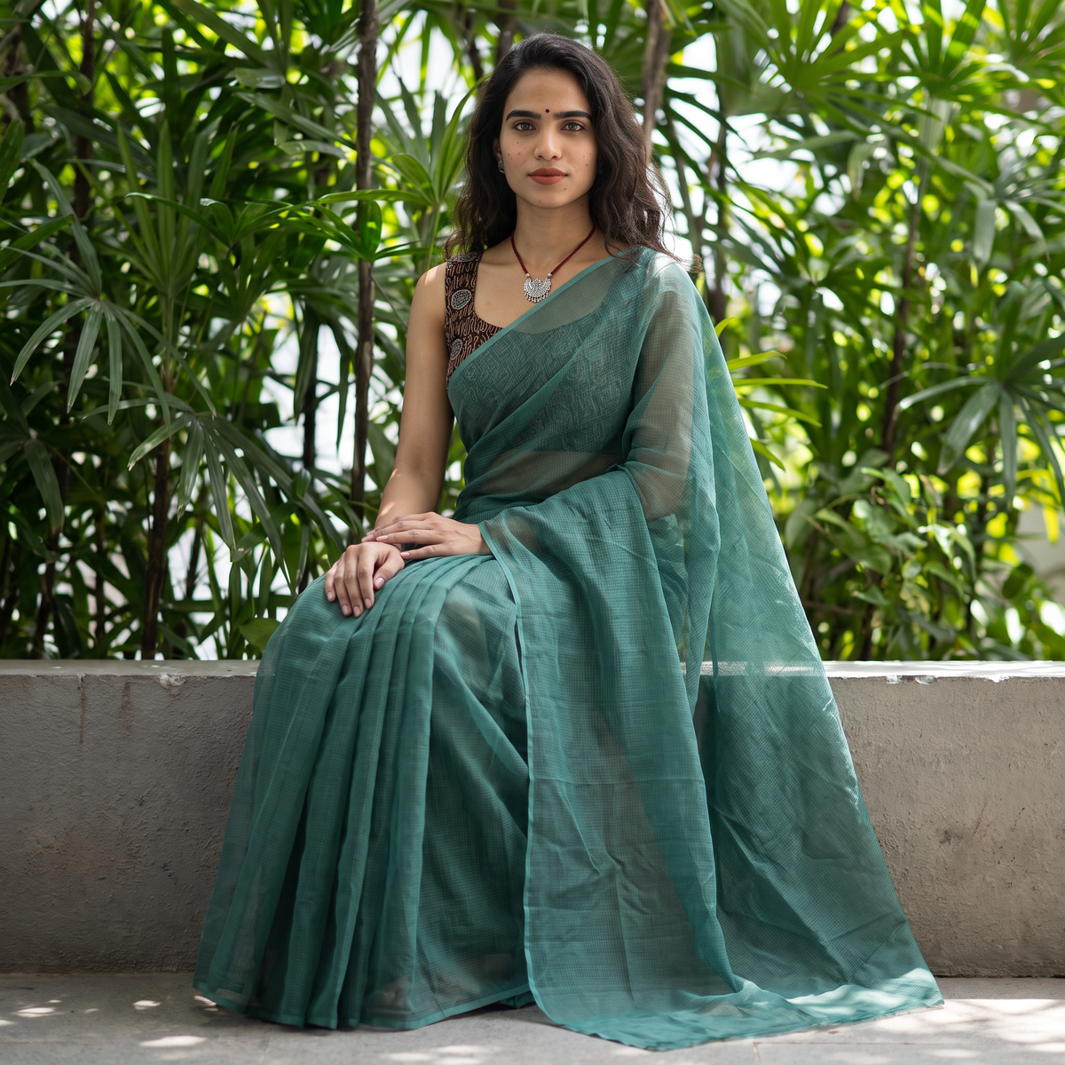 Green Nazaakat Kota Doria Cotton Plain Saree with Blouse & Jewellery Set, draped and worn by a woman, AI visual of the saree, iTokri