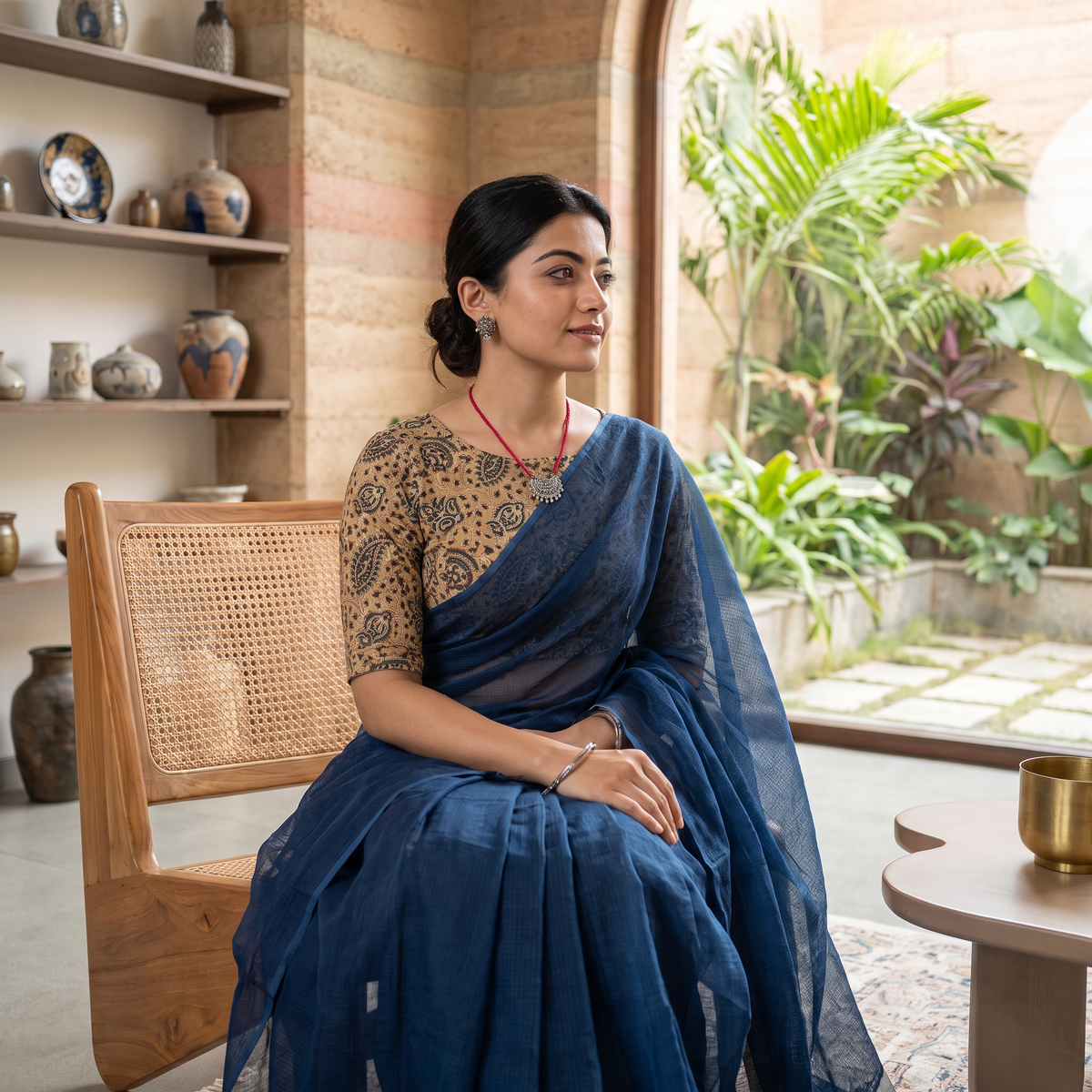 Blue Nazaakat Kota Doria Cotton Plain Saree with Blouse & Jewellery Set, draped and worn by a woman, AI visual of the saree, iTokri