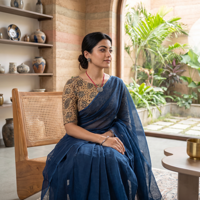Blue Nazaakat Kota Doria Cotton Plain Saree with Blouse & Jewellery Set, draped and worn by a woman, AI visual of the saree, iTokri