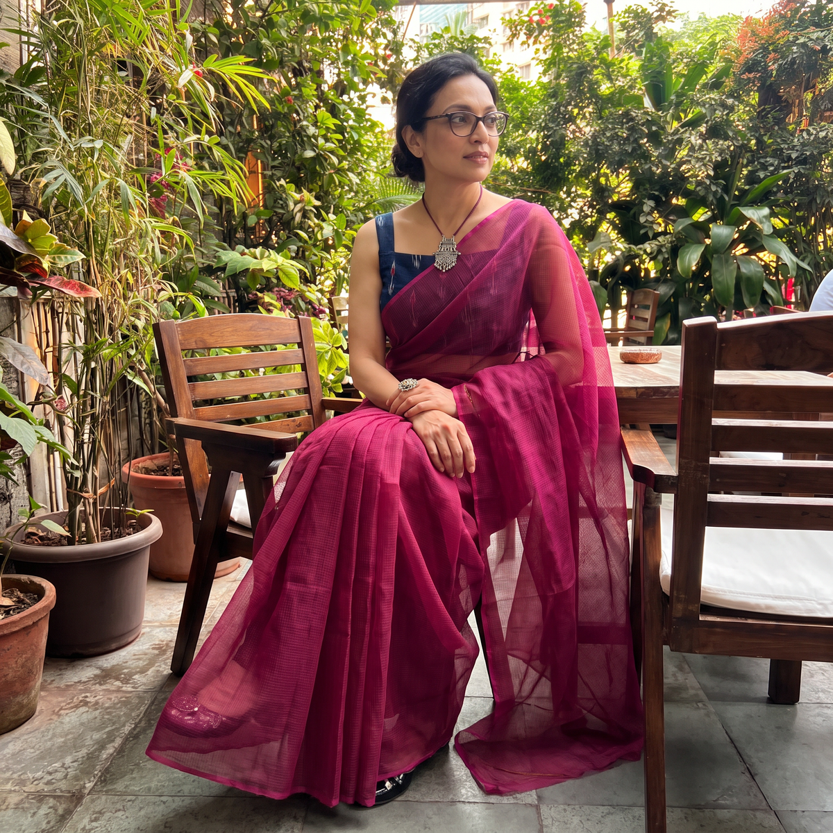 Pink Nazaakat Kota Doria Cotton Plain Saree with Blouse & Jewellery Set, draped and worn by a woman, AI visual of the saree, iTokri