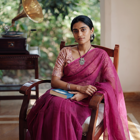 Pink Nazaakat Kota Doria Cotton Plain Saree with Blouse & Jewellery Set, draped and worn by a woman, AI visual of the saree, iTokri