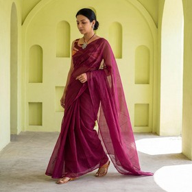 Purple Nazaakat Kota Doria Cotton Plain Saree with Blouse & Jewellery Set, draped and worn by a woman, AI visual of the saree, iTokri