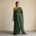 Green Nazaakat Kota Doria Cotton Plain Saree with Blouse & Jewellery Set, draped and worn by a woman, AI visual of the saree, iTokri