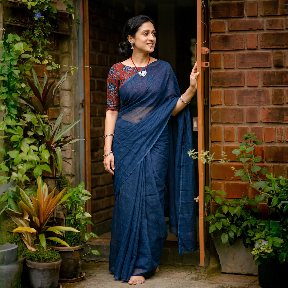 Blue Nazaakat Kota Doria Cotton Plain Saree with Blouse & Jewellery Set, draped and worn by a woman, AI visual of the saree, iTokri