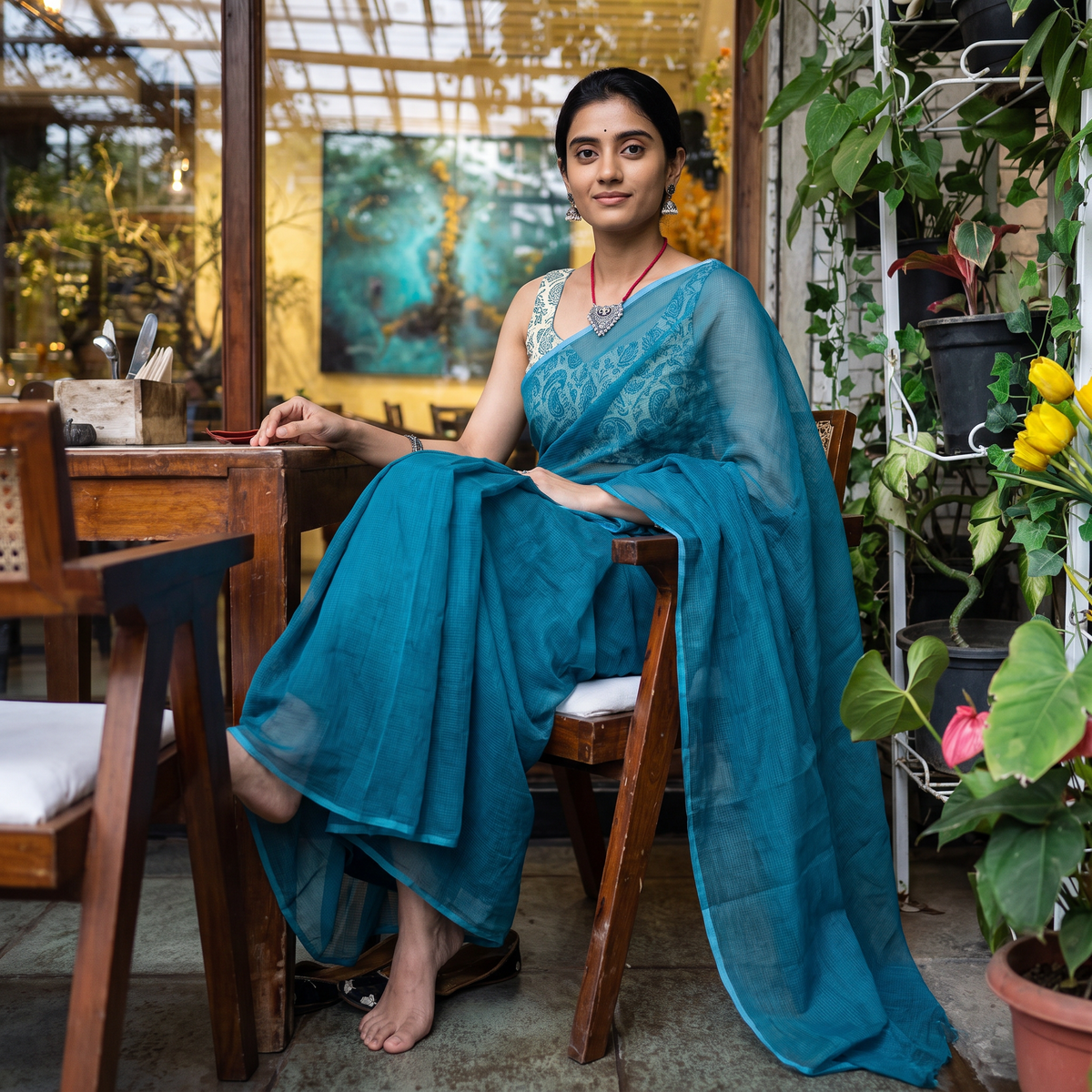 Blue Nazaakat Kota Doria Cotton Plain Saree with Blouse & Jewellery Set, draped and worn by a woman, AI visual of the saree, iTokri