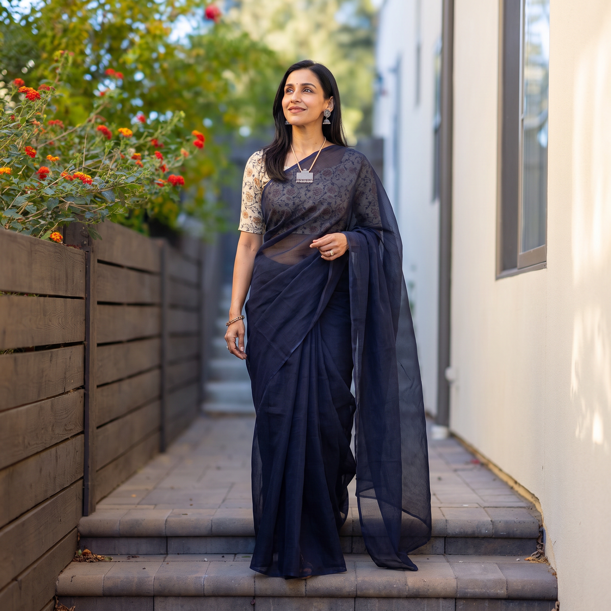 Blue Nazaakat Kota Doria Cotton Plain Saree with Blouse & Jewellery Set, draped and worn by a woman, AI visual of the saree, iTokri