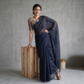 Blue Nazaakat Kota Doria Cotton Plain Saree with Blouse & Jewellery Set, draped and worn by a woman, AI visual of the saree, iTokri