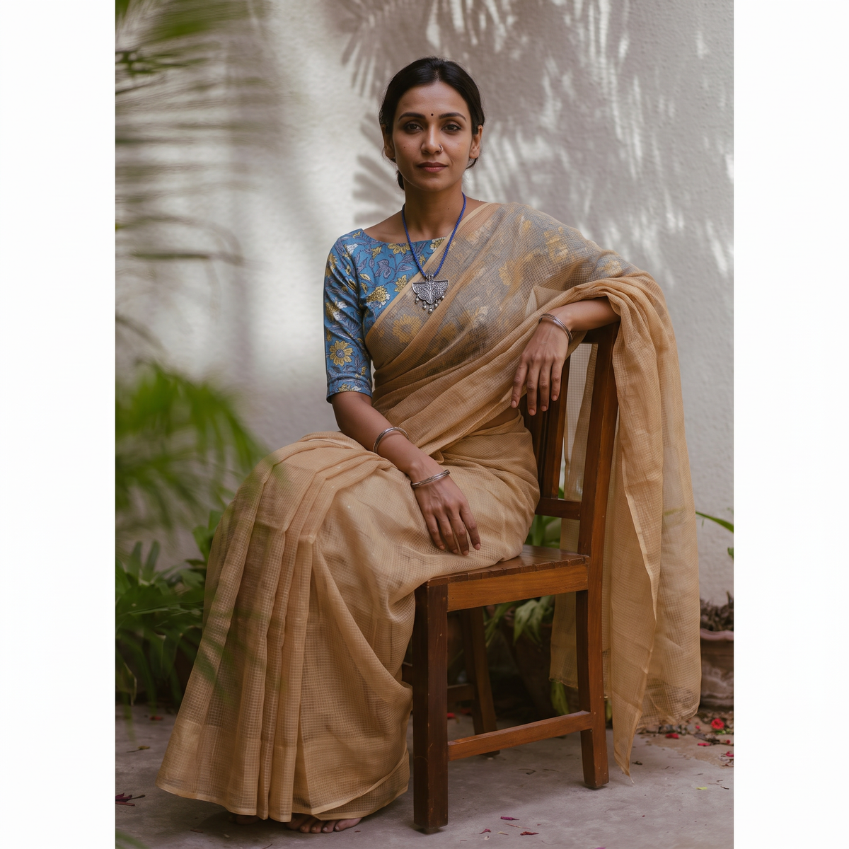 Beige Nazaakat Kota Doria Cotton Plain Saree with Blouse & Jewellery Set, draped and worn by a woman, AI visual of the saree, iTokri
