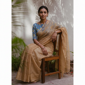 Beige Nazaakat Kota Doria Cotton Plain Saree with Blouse & Jewellery Set, draped and worn by a woman, AI visual of the saree, iTokri