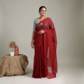 Red Nazaakat Kota Doria Cotton Plain Saree with Blouse & Jewellery Set, draped and worn by a woman, AI visual of the saree, iTokri