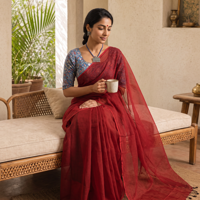 Red Nazaakat Kota Doria Cotton Plain Saree with Blouse & Jewellery Set, draped and worn by a woman, AI visual of the saree, iTokri