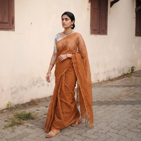 Rust Nazaakat Kota Doria Cotton Plain Saree with Blouse Piece & Earrings, draped and worn by a woman, AI visual of the saree, iTokri