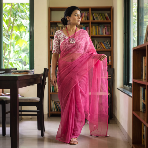 Pink Nazaakat Kota Doria Cotton Saree with Blouse and Jewellery, draped and worn by a woman, AI visual of the saree, iTokri