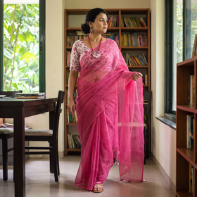 Pink Nazaakat Kota Doria Cotton Saree with Blouse and Jewellery, draped and worn by a woman, AI visual of the saree, iTokri