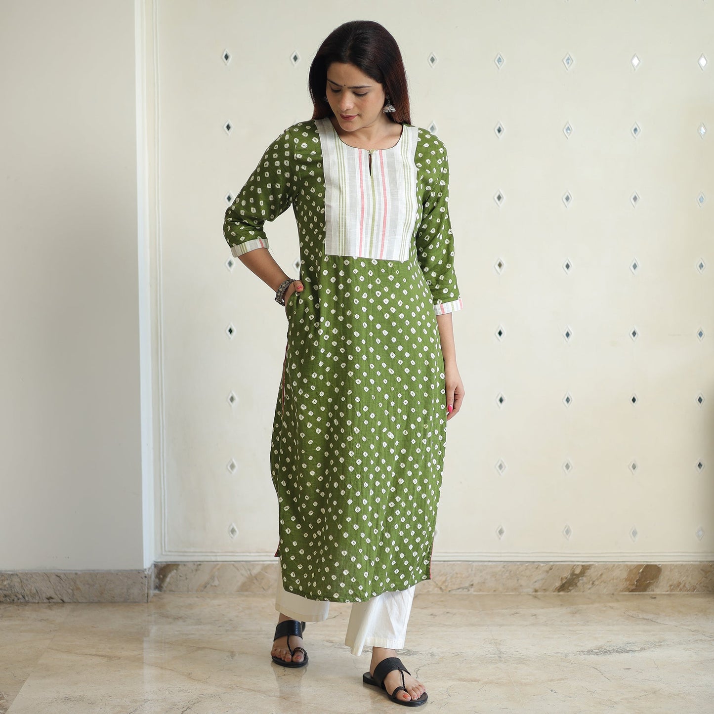 Buy Bandhani Tie-dye Cotton Long Straight Kurta for Women