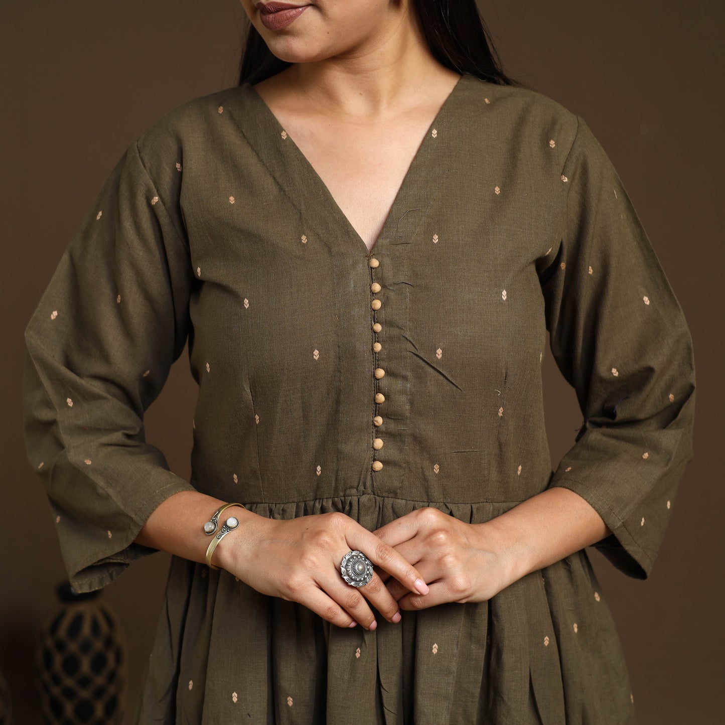  Olive Green Flared Cotton Jacquard Kurta with Palazzo Set