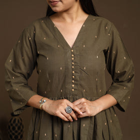  Olive Green Flared Cotton Jacquard Kurta with Palazzo Set