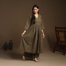  Olive Green Flared Cotton Jacquard Kurta with Palazzo Set
