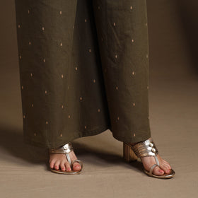  Olive Green Flared Cotton Jacquard Kurta with Palazzo Set