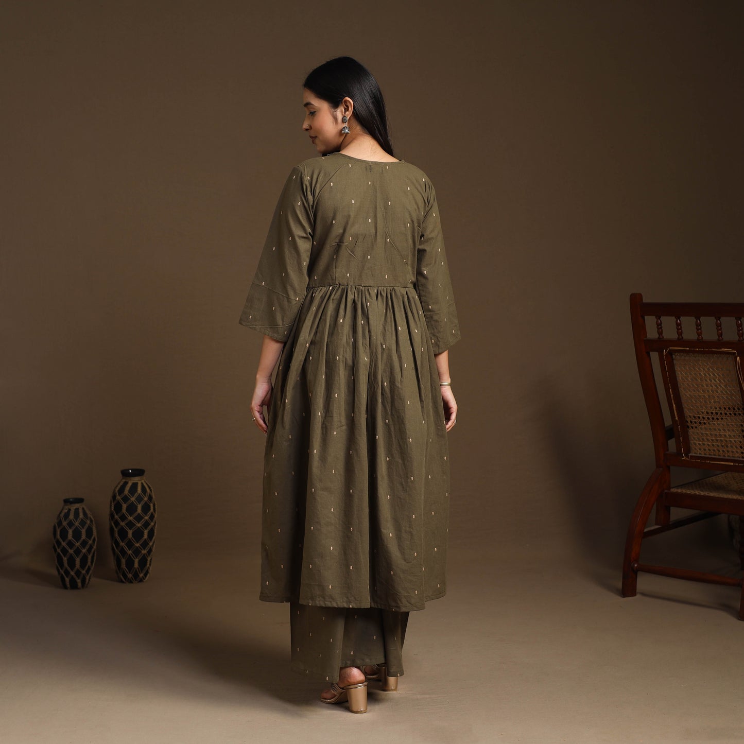  Olive Green Flared Cotton Jacquard Kurta with Palazzo Set