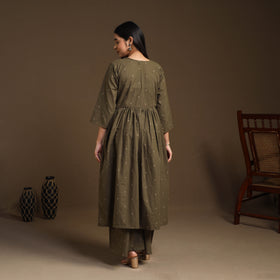  Olive Green Flared Cotton Jacquard Kurta with Palazzo Set