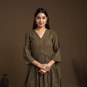  Olive Green Flared Cotton Jacquard Kurta with Palazzo Set