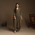  Olive Green Flared Cotton Jacquard Kurta with Palazzo Set