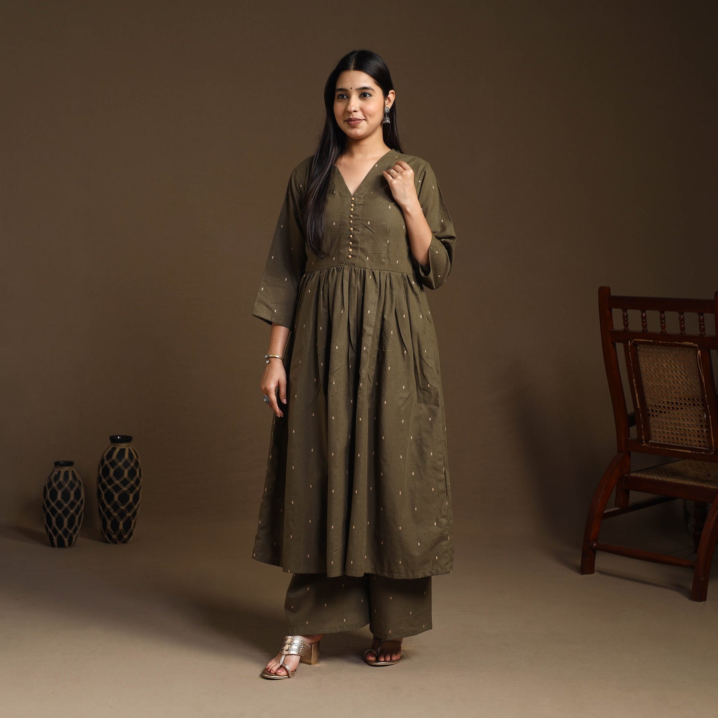  Olive Green Flared Cotton Jacquard Kurta with Palazzo Set