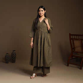  Olive Green Flared Cotton Jacquard Kurta with Palazzo Set