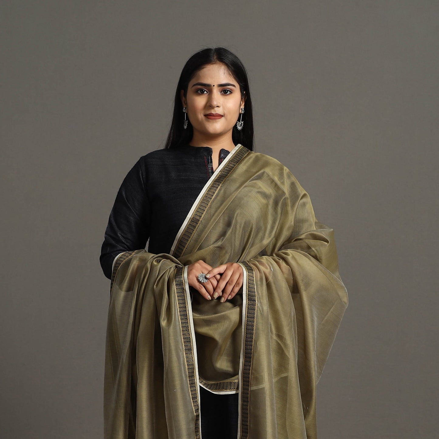 Olive Green Handloom Silk Cotton Zari Border Maheshwari Dupatta