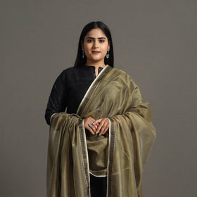 Olive Green Handloom Silk Cotton Zari Border Maheshwari Dupatta