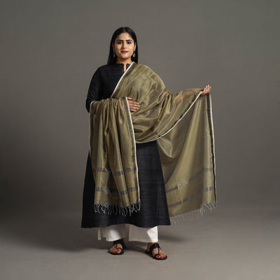 Olive Green Handloom Silk Cotton Zari Border Maheshwari Dupatta