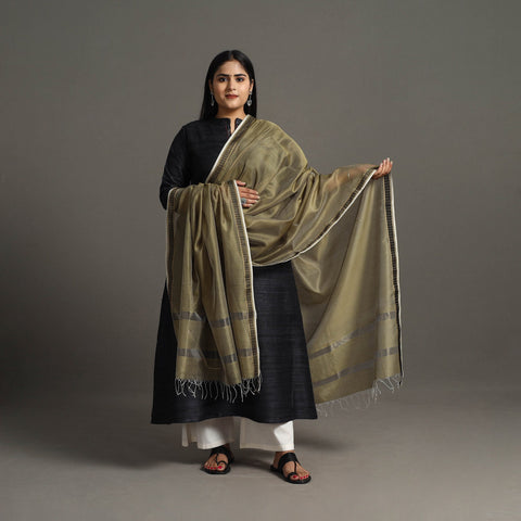 Olive Green Handloom Silk Cotton Zari Border Maheshwari Dupatta