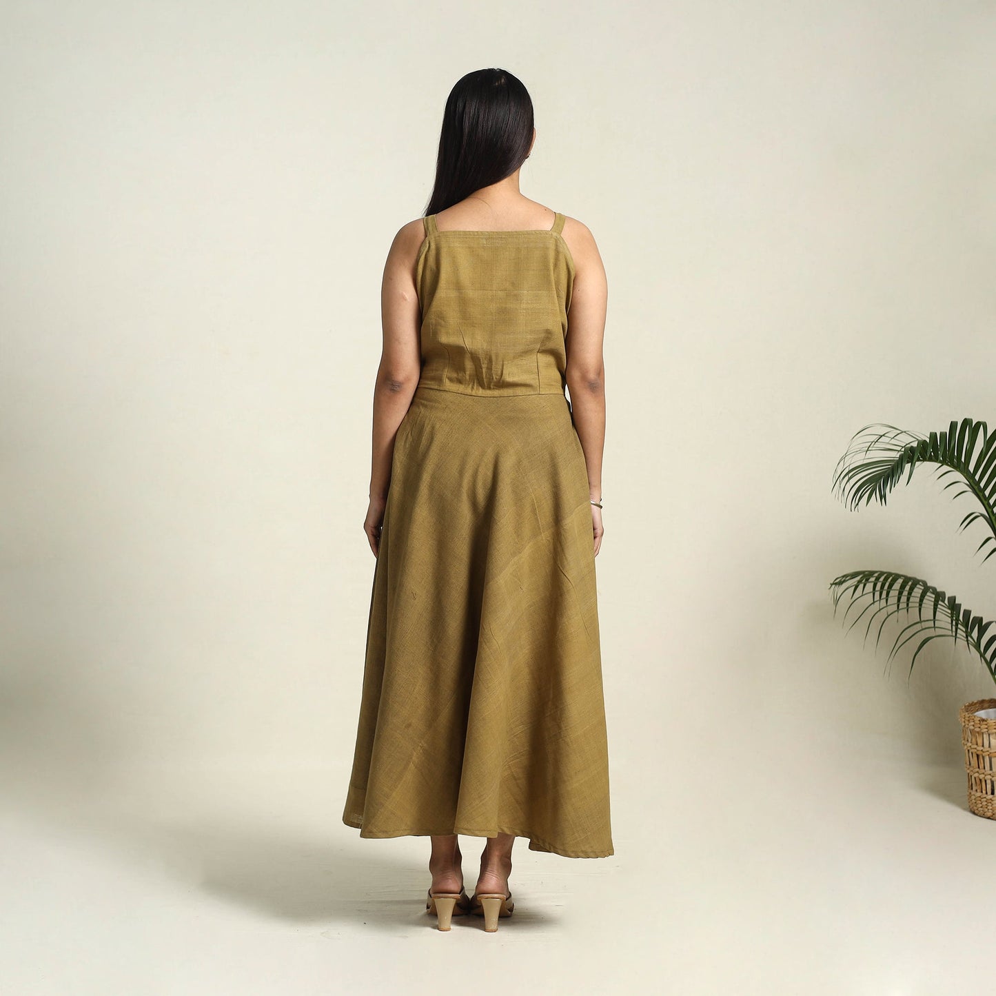  Olive Green Handspun Handloom Cotton Plain Dress
