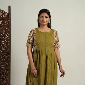 Mehfil Mosaic Cotton Flared Olive Green Jacquard Kurta for Women