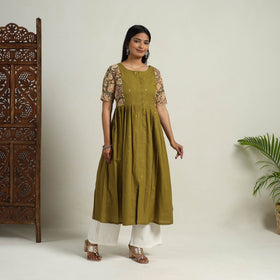 Mehfil Mosaic Cotton Flared Olive Green Jacquard Kurta for Women