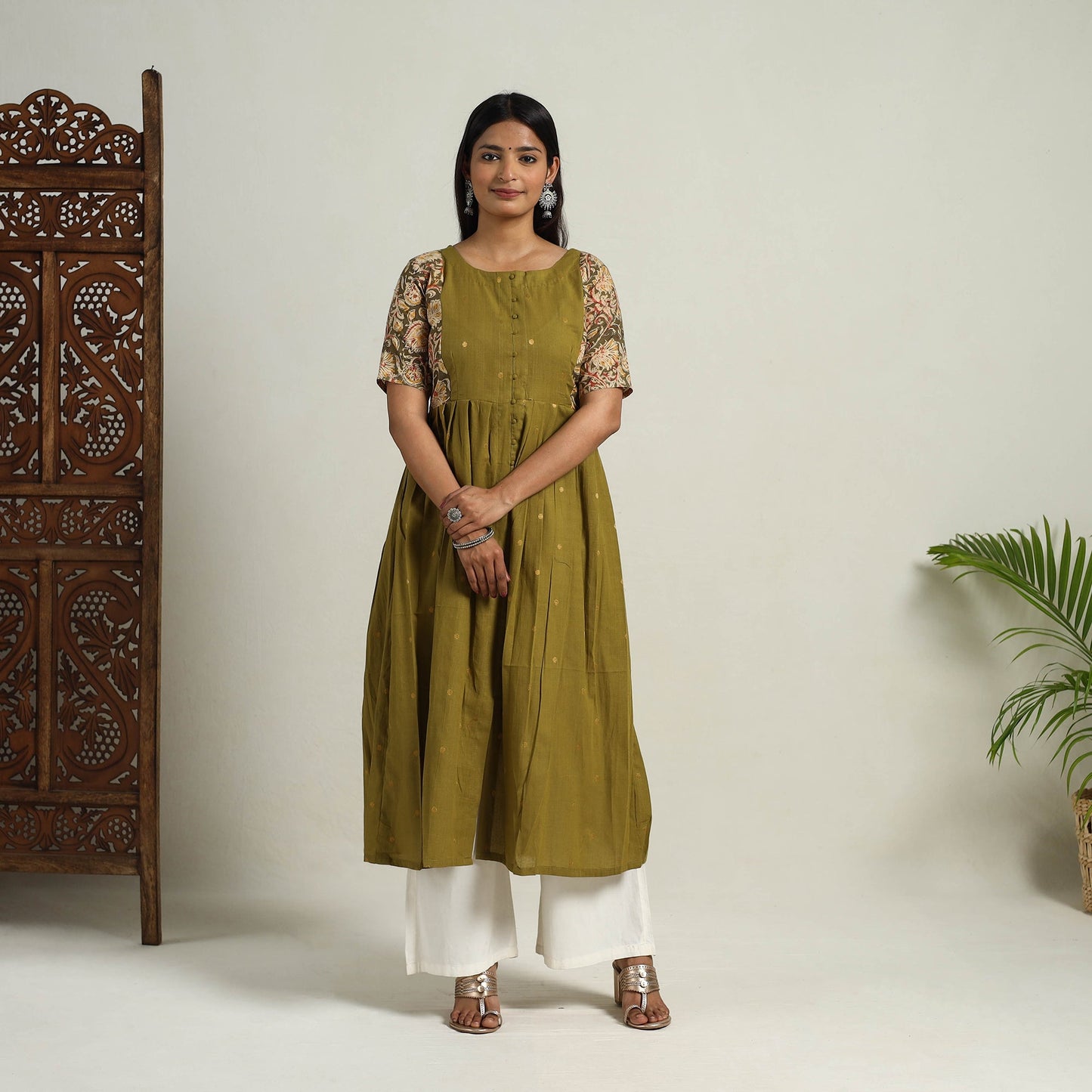 Mehfil Mosaic Cotton Flared Olive Green Jacquard Kurta for Women