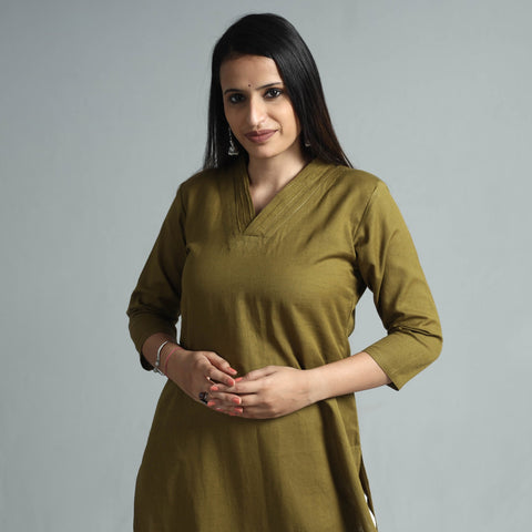 Olive green plain flex cotton kurta - handcrafted