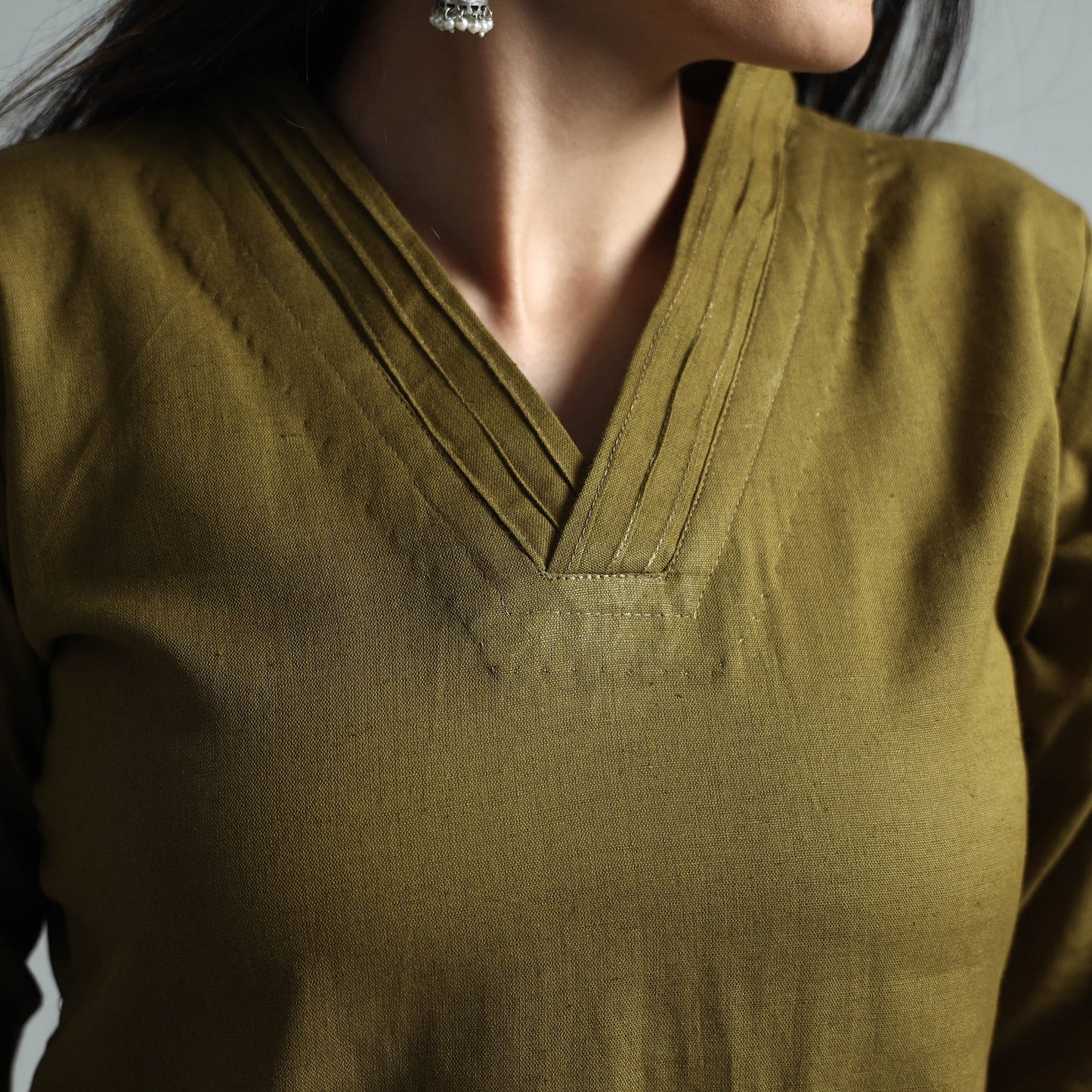 Olive green plain flex cotton kurta - handcrafted